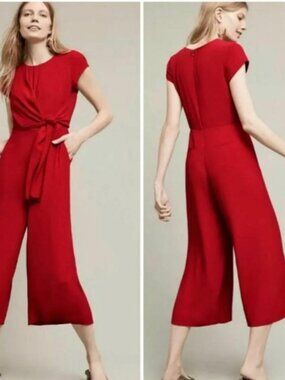 Anthropologie Maeve Red Grier Midi Jumpsuit Wide Leg Twist Tie Front Size 2 EUC